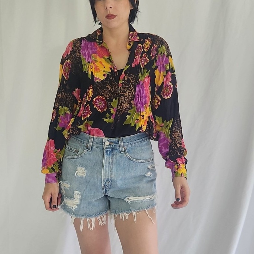 90s Black and Pink Oversize Floral Blouse